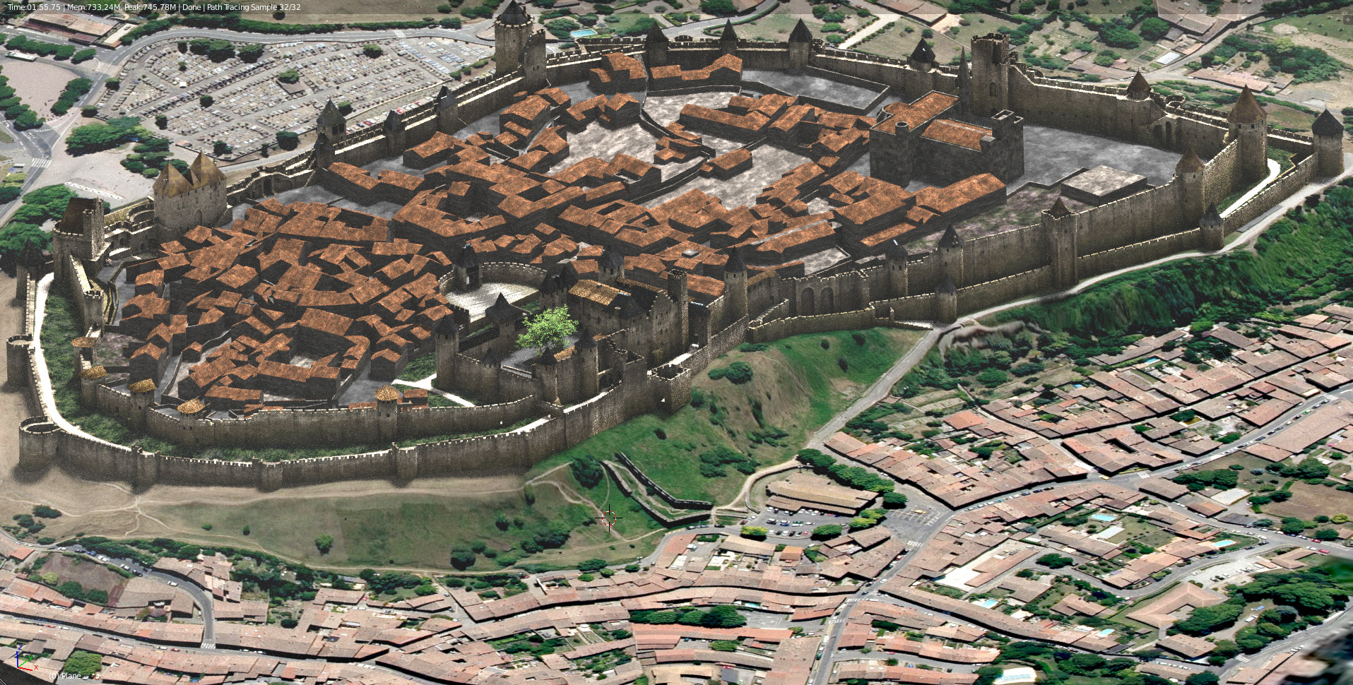 The medieval city in 3D seen from the sky.